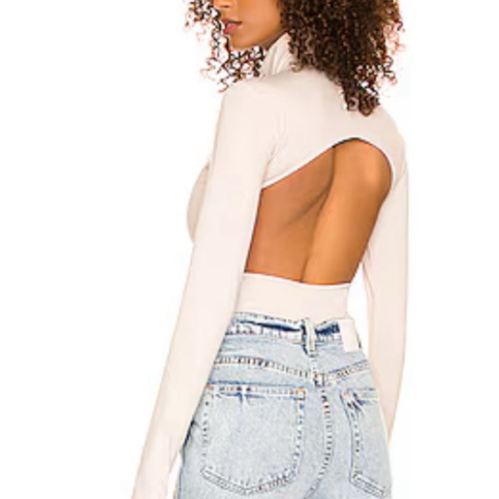 Revolve nude long sleeve bodysuit with open back and high neck